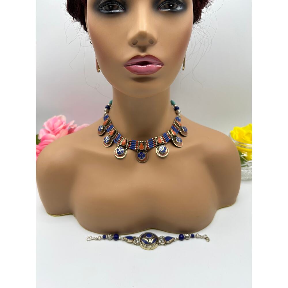 Tibetan Lapis & Coral Necklace Bracelet Earring Jewelry Set Boho Tribal